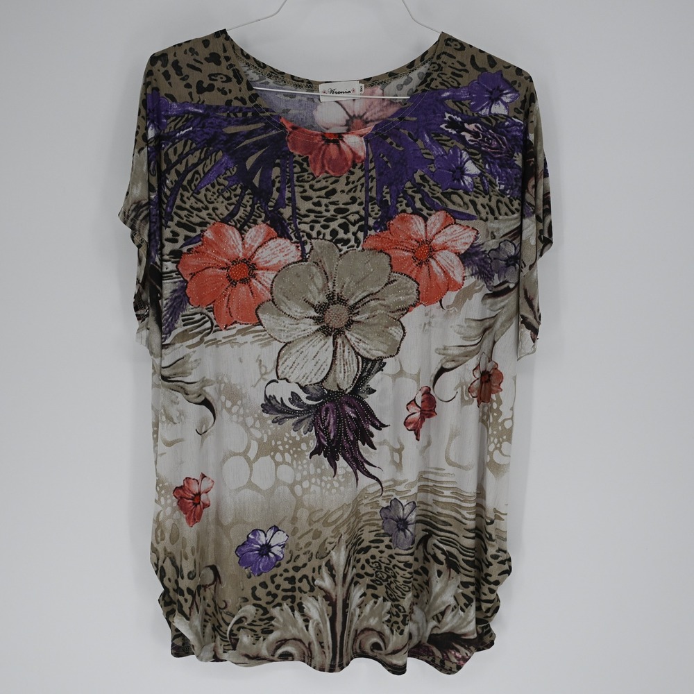 Aronia Women's Multicolor Floral Leopard Rhinestone Dolman‎ Sleeve Top Size 3XL